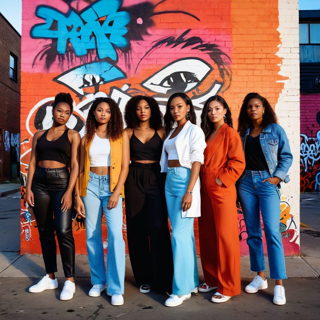A diverse group of empowered women of different ethnicities, confidently wearing bold, avant-garde fashion that reflects self-expression and feminism. They stand together in an urban setting, with powerful graffiti art in the background symbolizing modern culture. The atmosphere is vibrant, exuding energy and strength. The sky is painted with warm sunset colors, enhancing their silhouettes as they embrace unity and individuality. super-realistic. vibrant colors. urban style.