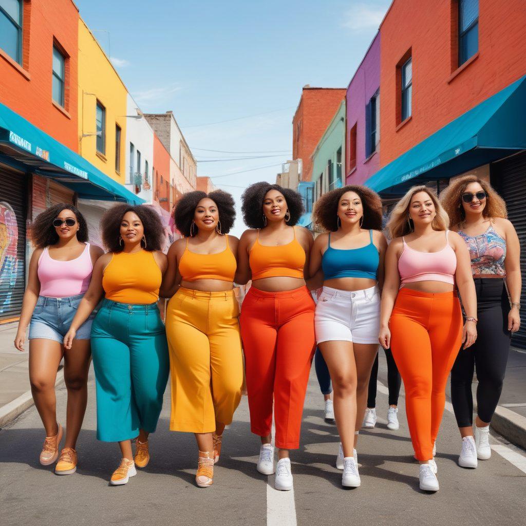 A diverse group of women of different shapes and sizes confidently showcasing trendy outfits in an urban setting, with vibrant street art in the background that promotes body positivity and feminism. The scene captures an upbeat mood, symbolizing empowerment and inclusivity in fashion. warm colors. vector art. urban style.