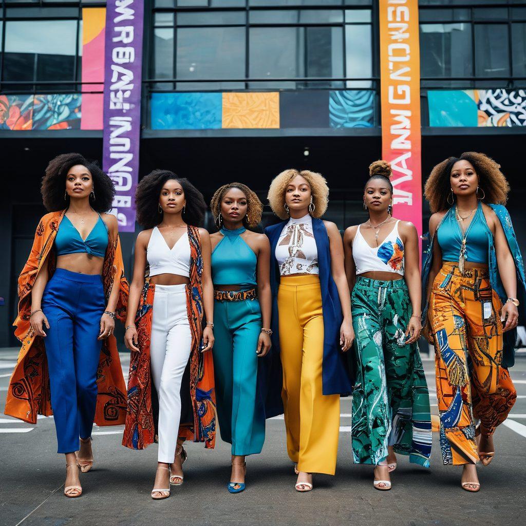 A diverse group of empowered women confidently showcasing their unique fashion styles, standing together in an urban environment that blends runway sophistication with everyday life. Each woman expresses her individuality through bold colors, patterns, and accessories, surrounded by supportive banners and uplifting messages of self-expression. The scene radiates a sense of community and empowerment, celebrating the beauty of diversity. vibrant colors. super-realistic. urban backdrop.